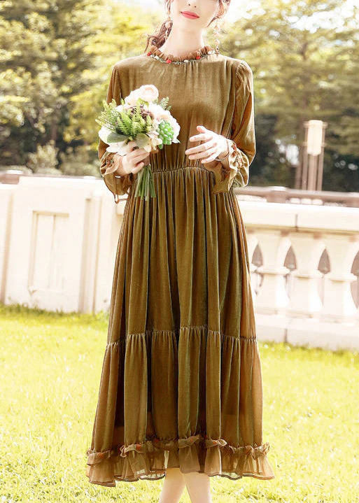Women Khaki Ruffled Patchwork Exra Large Hem Silk Velour Dresses Spring - republicanstateiWomen Khaki Ruffled Patchwork Exra Large Hem Silk Velour Dresses Spring - republicanstatei
