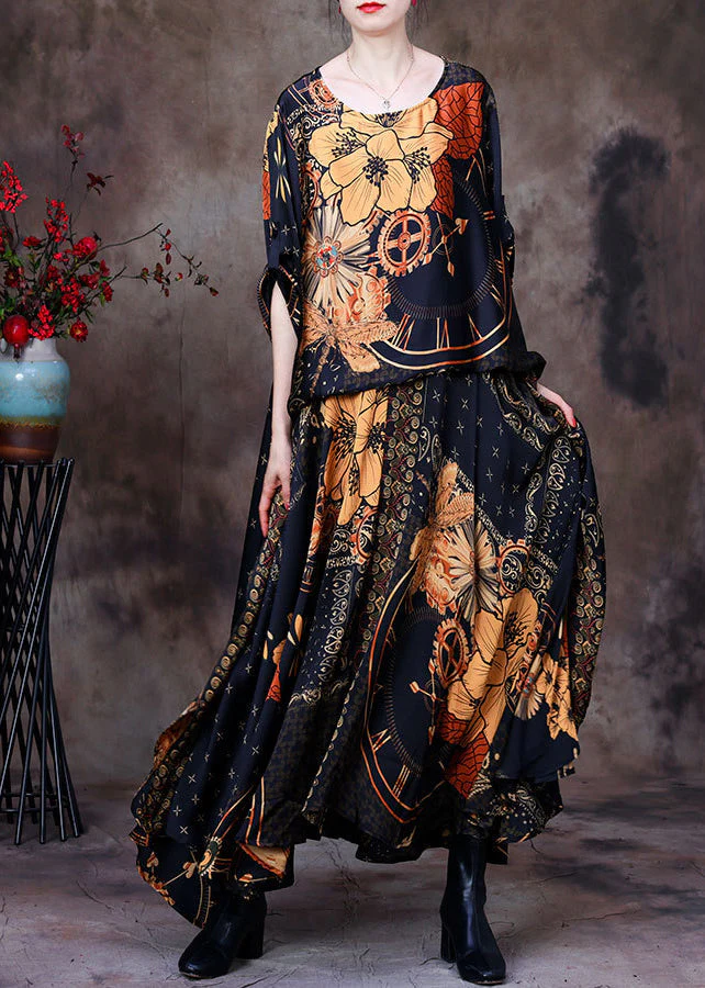 Vintage Yellow O-Neck Asymmetrical Print Fake Two Pieces Silk Maxi Dress Long Sleeve - republicanstateiVintage Yellow O-Neck Asymmetrical Print Fake Two Pieces Silk Maxi Dress Long Sleeve - republicanstatei