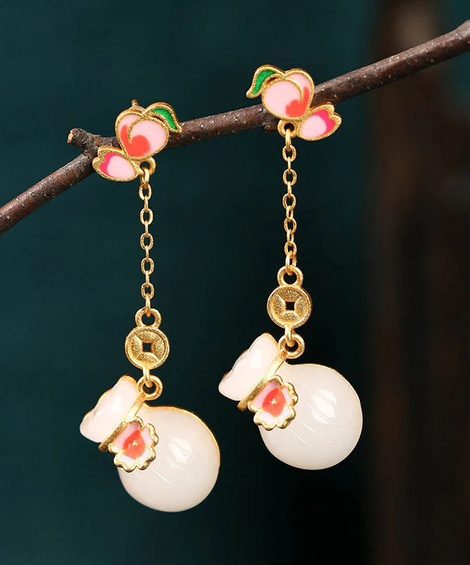 Beautiful Pink Sterling Silver Overgild Jade Enamel Money Bag Drop Earrings - republicanstateiBeautiful Pink Sterling Silver Overgild Jade Enamel Money Bag Drop Earrings - republicanstatei