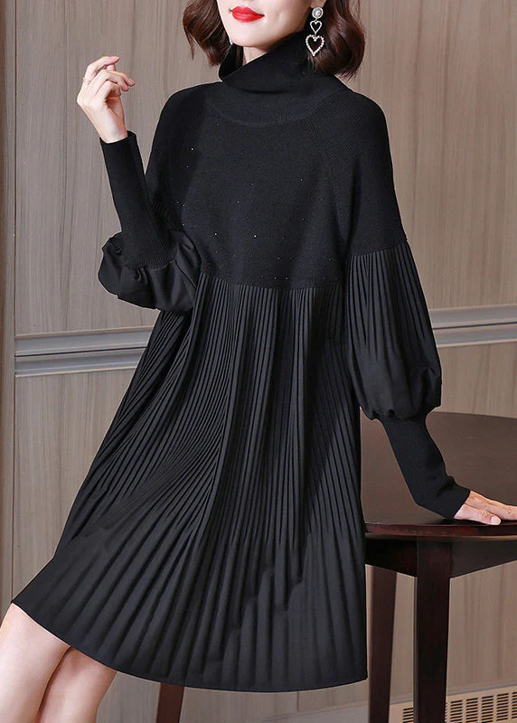 Fashion Black Turtleneck Patchwork Wrinkled Knit Dress Lantern Sleeve - republicanstateiFashion Black Turtleneck Patchwork Wrinkled Knit Dress Lantern Sleeve - republicanstatei