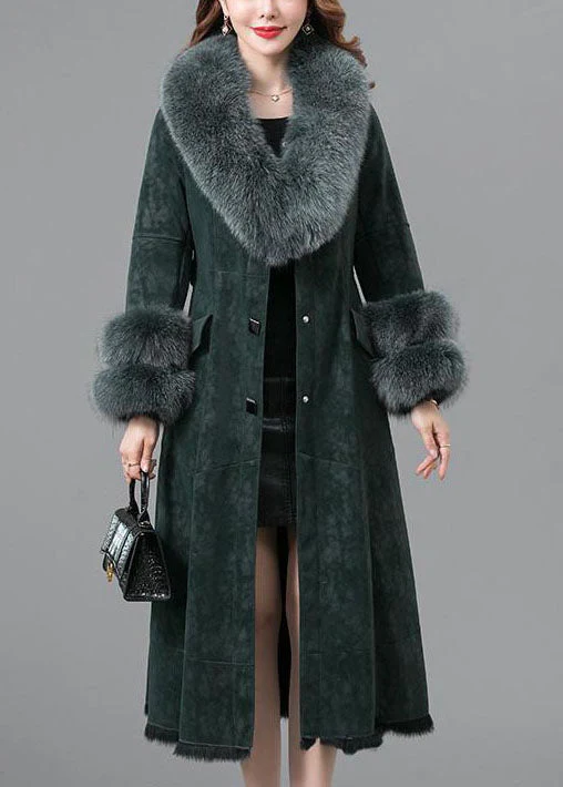 Green Rabbit Hair Collar Leather And Fur Parkas Lengthen Button Winter - republicanstateiGreen Rabbit Hair Collar Leather And Fur Parkas Lengthen Button Winter - republicanstatei