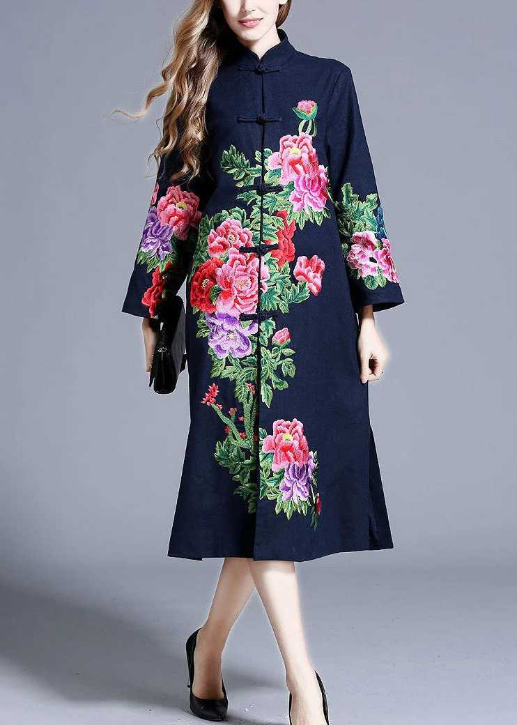 Beautiful Navy Stand Collar Embroideried Floral Button Coats Long Sleeve - republicanstateiBeautiful Navy Stand Collar Embroideried Floral Button Coats Long Sleeve - republicanstatei