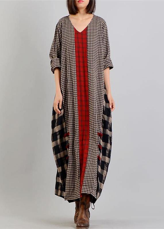 2024 black Plaid autumn Loose fitting v neck patchwork traveling clothing vintage Chinese Button dresses - republicanstatei2024 black Plaid autumn Loose fitting v neck patchwork traveling clothing vintage Chinese Button dresses - republicanstatei