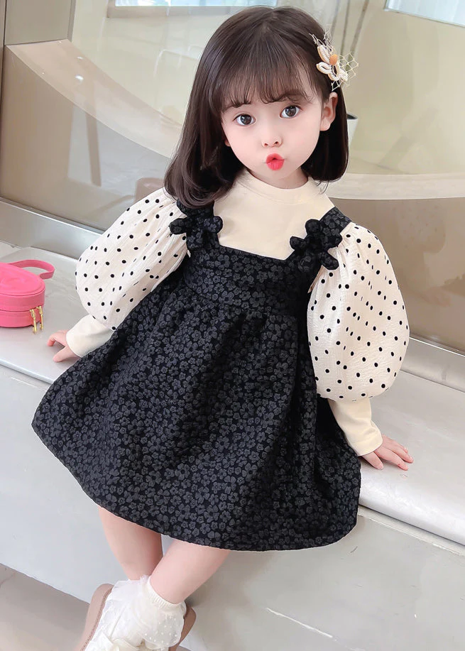 Cute Black Dot Patchwork False Two Pieces Cotton Girls Dresses Lantern Sleeve - republicanstateiCute Black Dot Patchwork False Two Pieces Cotton Girls Dresses Lantern Sleeve - republicanstatei