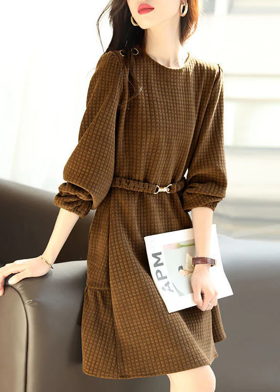 French Chocolate O-Neck Plaid Solid Color Sashes Cotton Holiday Dress Long Sleeve - republicanstateiFrench Chocolate O-Neck Plaid Solid Color Sashes Cotton Holiday Dress Long Sleeve - republicanstatei