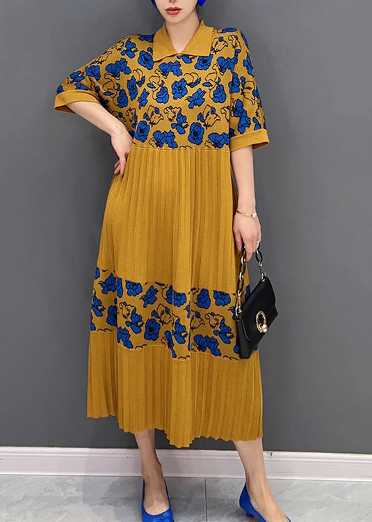 French Yellow Peter Pan Collar Print Knit Patchwork Maxi Dress Half Sleeve - republicanstateiFrench Yellow Peter Pan Collar Print Knit Patchwork Maxi Dress Half Sleeve - republicanstatei