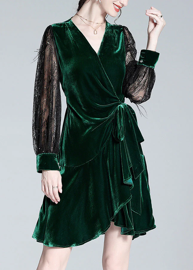 Sexy Green V Neck Tulle Patchwork Tie Waist Silk Velour Holiday Mid Dress Spring - republicanstateiSexy Green V Neck Tulle Patchwork Tie Waist Silk Velour Holiday Mid Dress Spring - republicanstatei