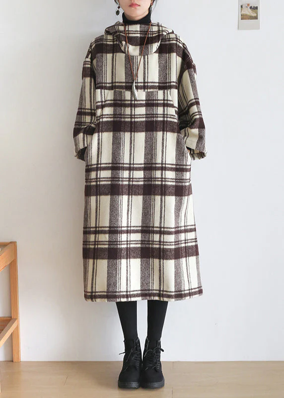 Organic Chocolate White Colour Plaid Pockets Cotton Maxi Hooded Dresses Long Sleeve - republicanstateiOrganic Chocolate White Colour Plaid Pockets Cotton Maxi Hooded Dresses Long Sleeve - republicanstatei