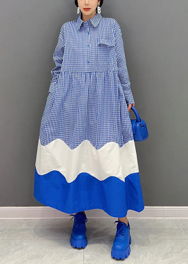 Elegant Blue Peter Pan Collar Patchwork Plaid Cotton Shirt Dresses Spring - republicanstateiElegant Blue Peter Pan Collar Patchwork Plaid Cotton Shirt Dresses Spring - republicanstatei