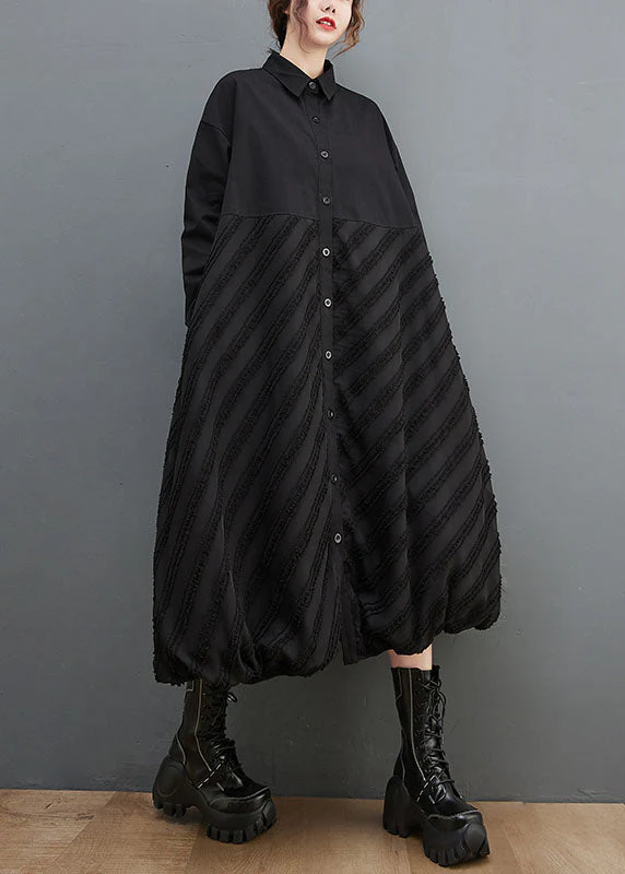 Fashion Black Peter Pan Collar Striped Patchwork Button Long Shirts Dresses Long Sleeve - republicanstateiFashion Black Peter Pan Collar Striped Patchwork Button Long Shirts Dresses Long Sleeve - republicanstatei