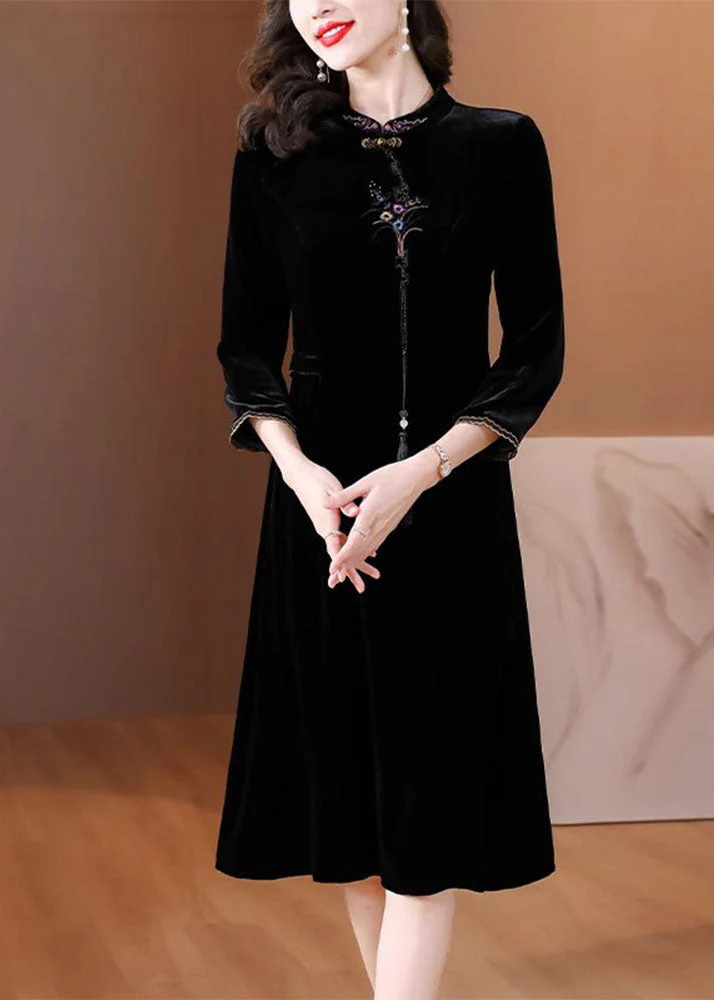 Classy Black Stand Collar Embroidered Floral Silk Velour Maxi Dress Fall - republicanstateiClassy Black Stand Collar Embroidered Floral Silk Velour Maxi Dress Fall - republicanstatei