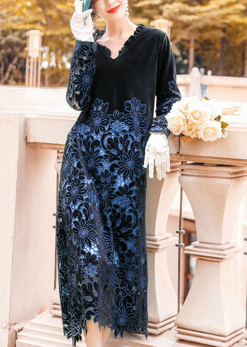Fine Black Ruffled Embroideried Hollow Out Silk Velour Long Dress Spring - republicanstateiFine Black Ruffled Embroideried Hollow Out Silk Velour Long Dress Spring - republicanstatei