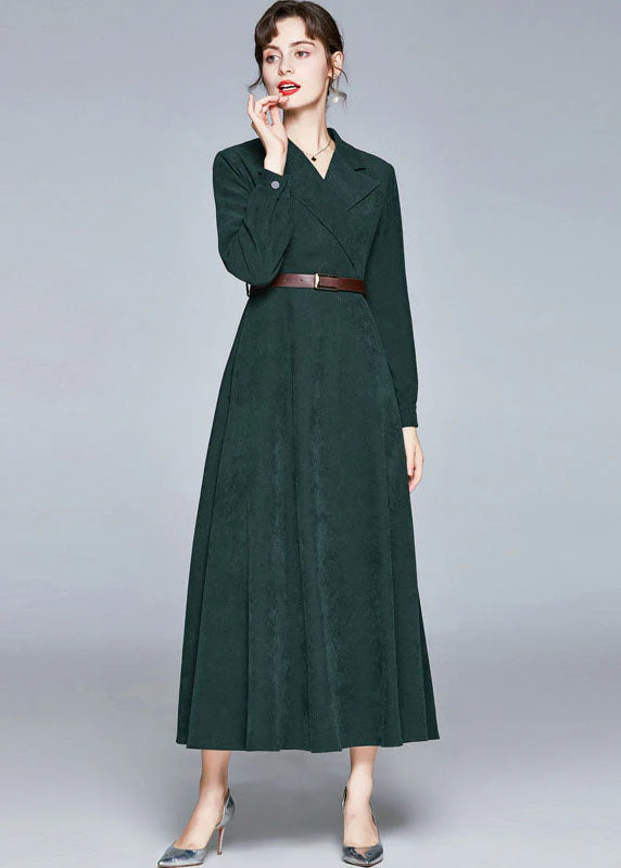 Fashion Army Green Notched Sashes Patchwork Corduroy Long Dresses Fall - republicanstateiFashion Army Green Notched Sashes Patchwork Corduroy Long Dresses Fall - republicanstatei