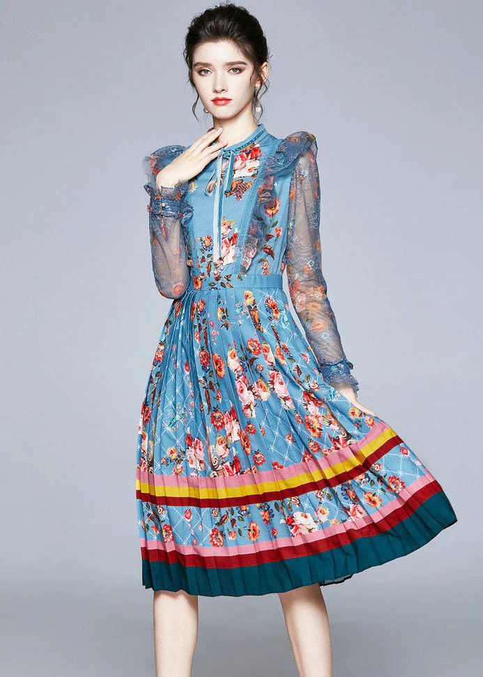 Italian Blue Ruffled Lace Up Print Tulle Patchwork Chiffon Dresses Fall - republicanstateiItalian Blue Ruffled Lace Up Print Tulle Patchwork Chiffon Dresses Fall - republicanstatei