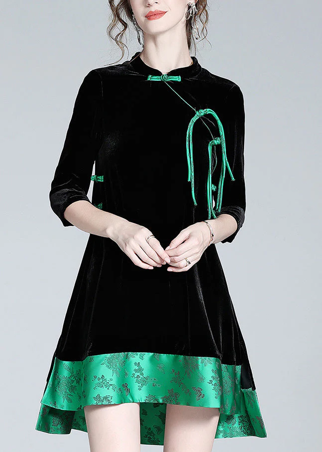 Sexy Black Stand Collar Print Low High Design Silk Velour Maxi Dresses Long Sleeve - republicanstateiSexy Black Stand Collar Print Low High Design Silk Velour Maxi Dresses Long Sleeve - republicanstatei