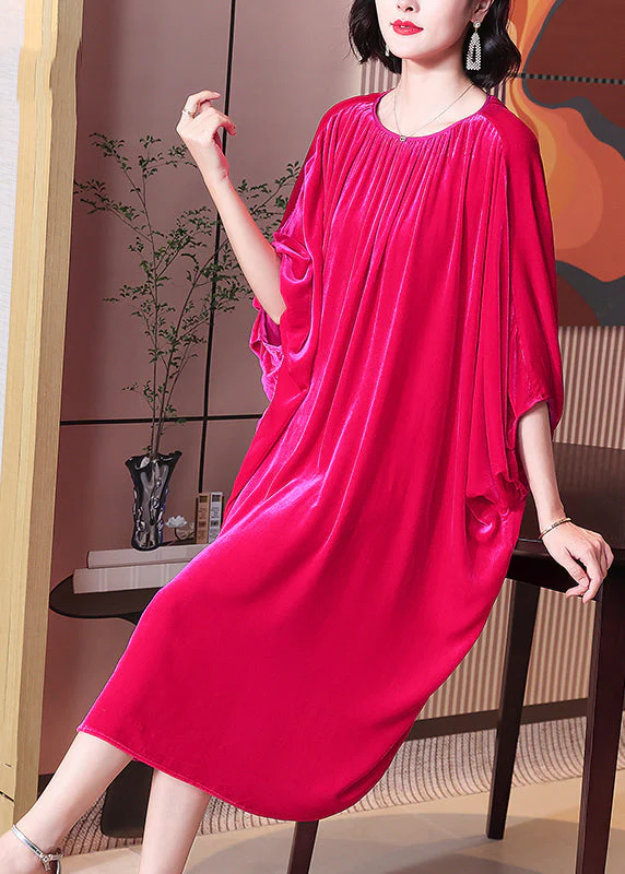 Plus Size Rose O Neck Wrinkled Patchwork Silk Velour Dress Batwing Sleeve - republicanstateiPlus Size Rose O Neck Wrinkled Patchwork Silk Velour Dress Batwing Sleeve - republicanstatei