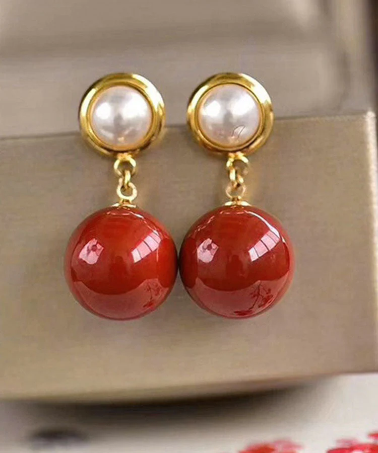 Modern Red Sterling Silver Overgild Inlaid Gem Stone Pearl Drop Earrings - republicanstateiModern Red Sterling Silver Overgild Inlaid Gem Stone Pearl Drop Earrings - republicanstatei