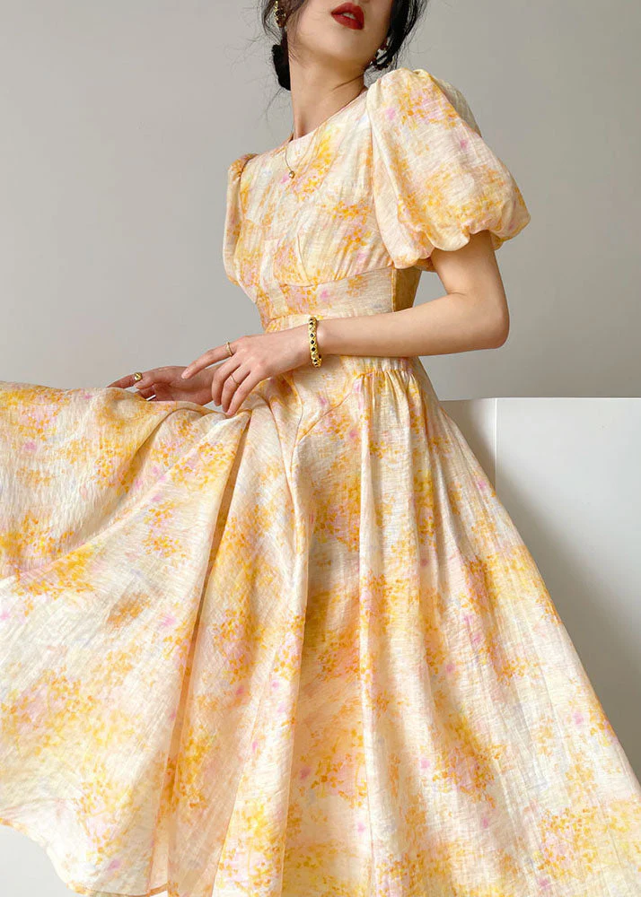Fashion Yellow O-Neck Print Slim Fit Silk Holiday Dresses Lantern Sleeve - republicanstateiFashion Yellow O-Neck Print Slim Fit Silk Holiday Dresses Lantern Sleeve - republicanstatei