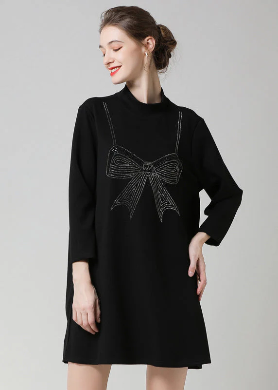 Modern Black High Neck Ruffled Patchwork Bow Cotton Robe Dresses Spring - republicanstateiModern Black High Neck Ruffled Patchwork Bow Cotton Robe Dresses Spring - republicanstatei