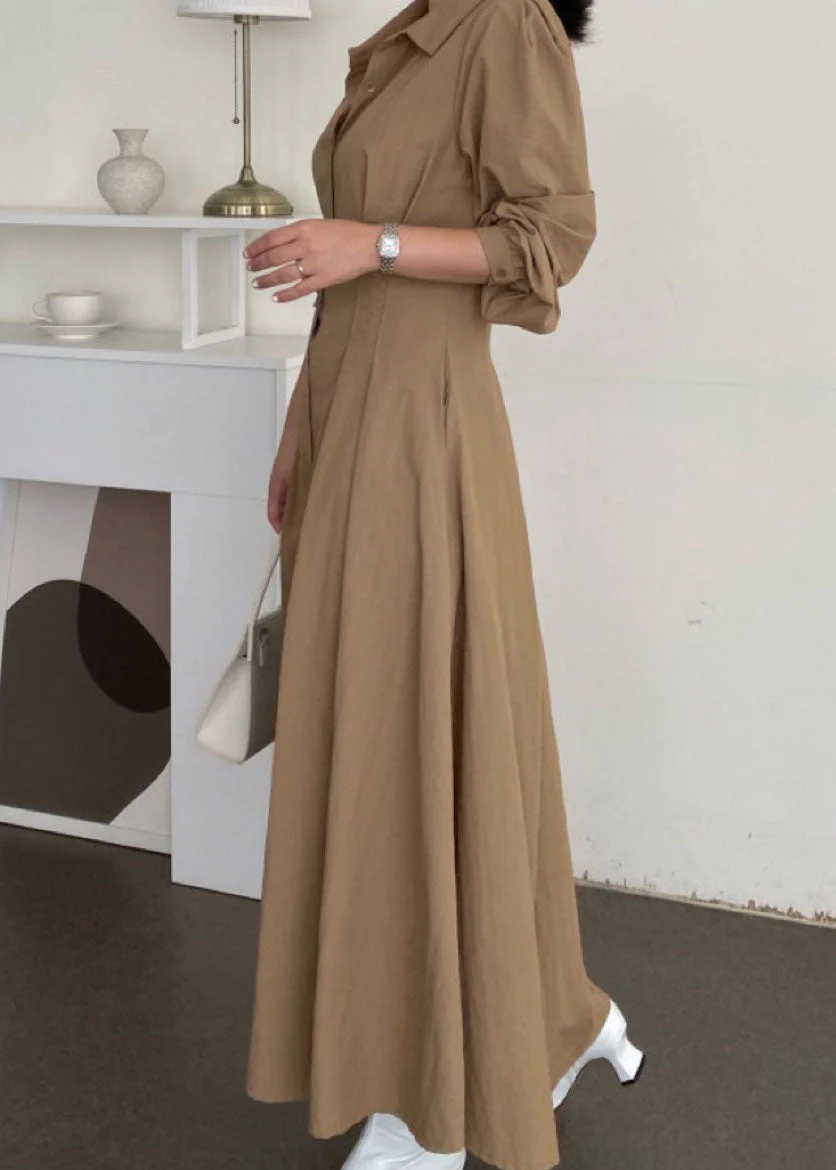 Organic Khaki Peter Pan Collar Wrinkled Patchwork Cotton Long Dresses Spring - republicanstateiOrganic Khaki Peter Pan Collar Wrinkled Patchwork Cotton Long Dresses Spring - republicanstatei
