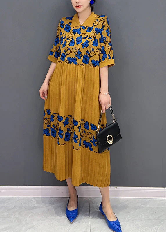 French Yellow Peter Pan Collar Print Knit Patchwork Maxi Dress Half Sleeve - republicanstateiFrench Yellow Peter Pan Collar Print Knit Patchwork Maxi Dress Half Sleeve - republicanstatei