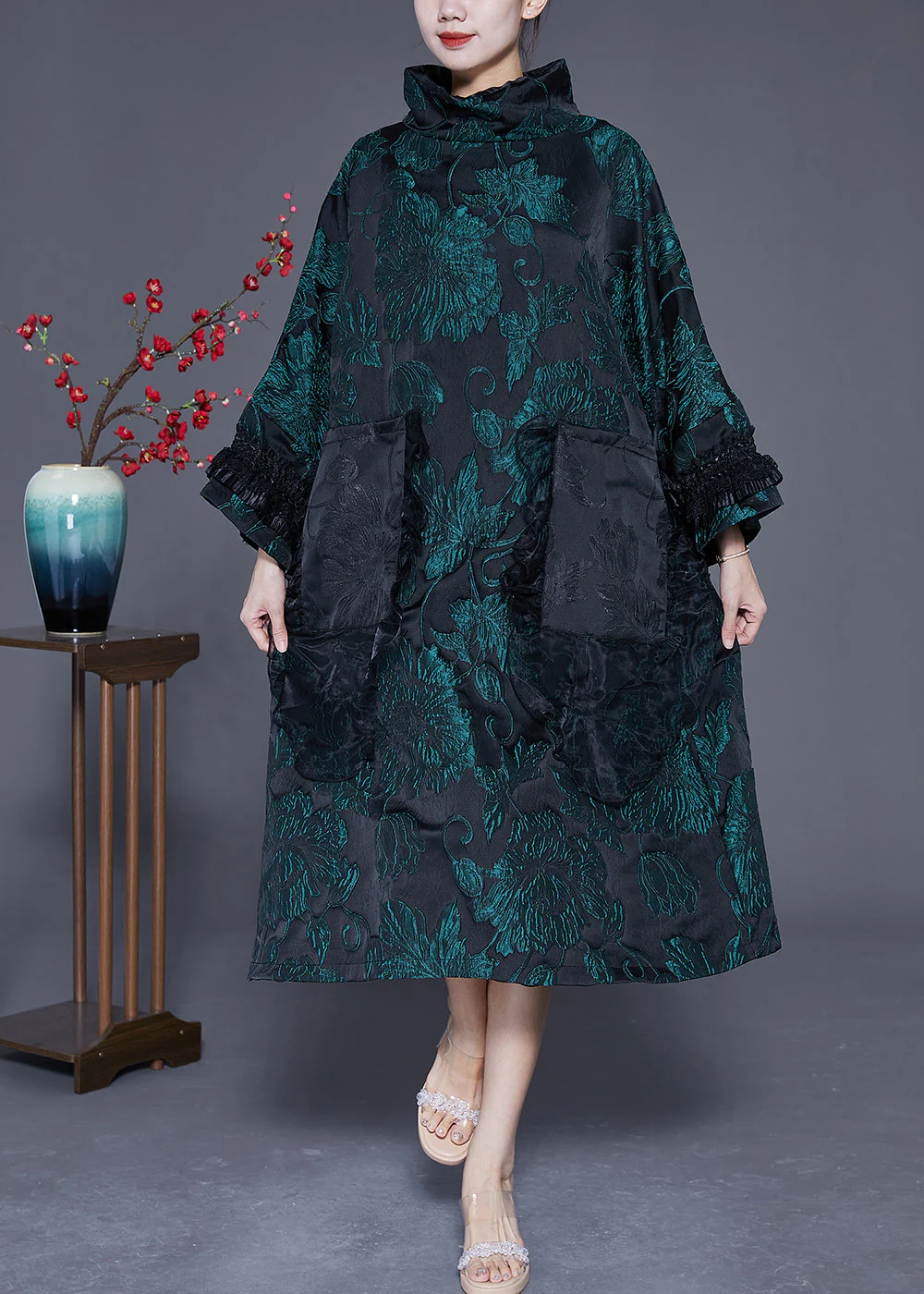 Italian Green Turtle Neck Patchwork Jacquard Silk Maxi Dresses Spring - republicanstateiItalian Green Turtle Neck Patchwork Jacquard Silk Maxi Dresses Spring - republicanstatei
