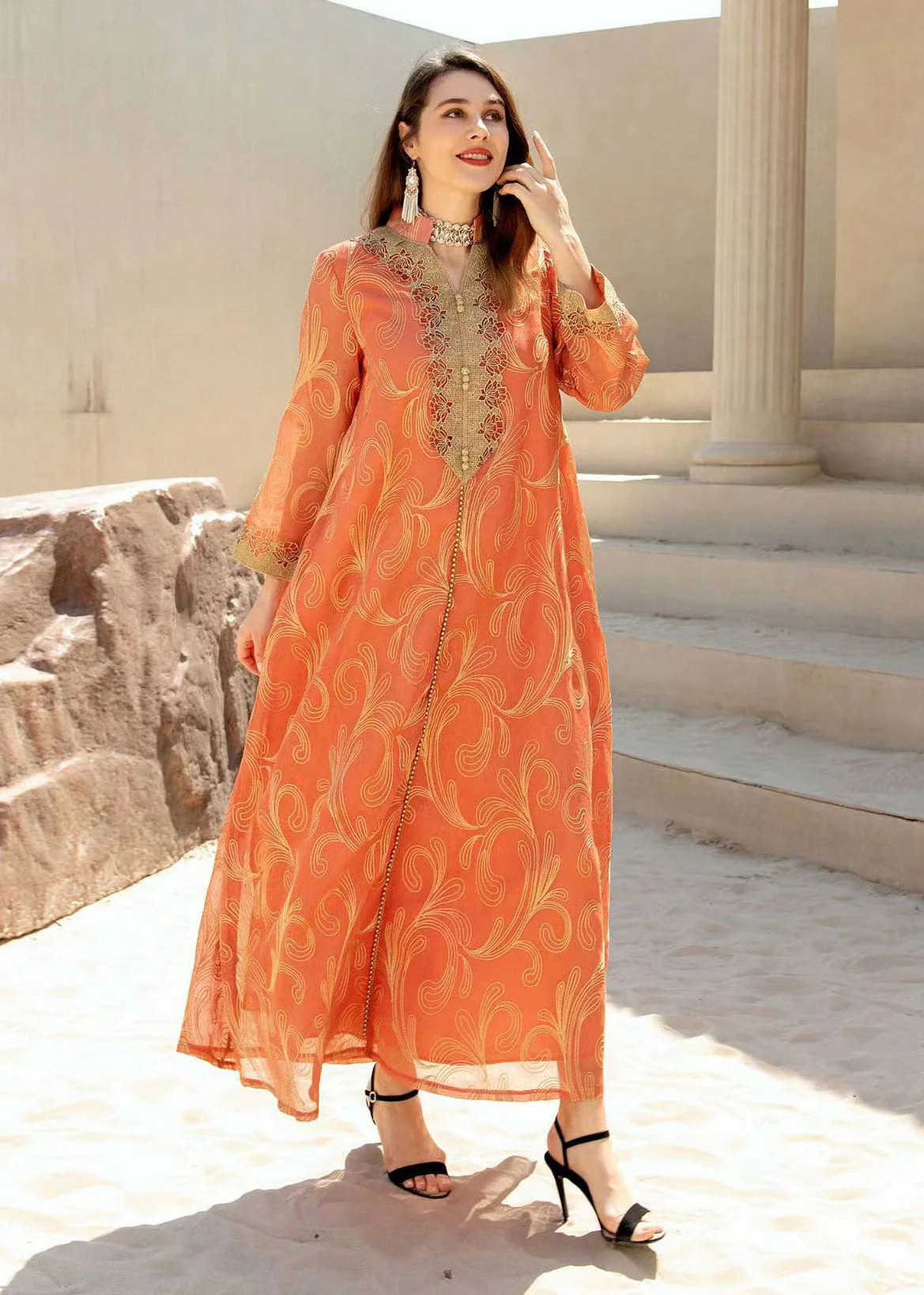 Natural Orange Stand Collar Embroideried Button Tulle Holiday Long Dress Fall - republicanstateiNatural Orange Stand Collar Embroideried Button Tulle Holiday Long Dress Fall - republicanstatei