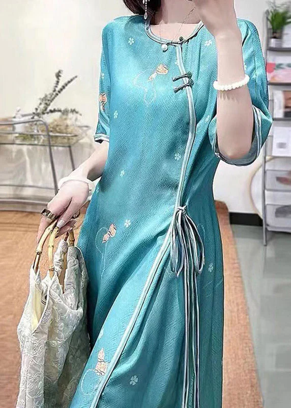 Sexy Green O-Neck Embroideried Floral Side Open Tie Waist Button Silk Long Dresses Half Sleeve - republicanstateiSexy Green O-Neck Embroideried Floral Side Open Tie Waist Button Silk Long Dresses Half Sleeve - republicanstatei