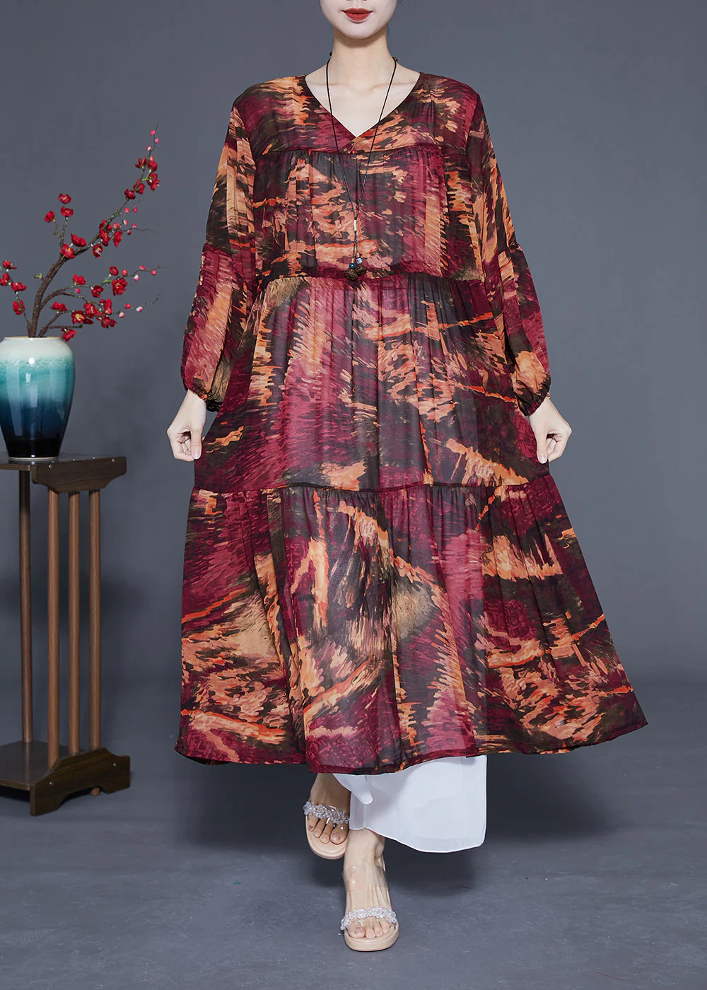 Women Dark Red V Neck Patchwork Exra Large Hem Chiffon Cinched Dresses Spring - republicanstateiWomen Dark Red V Neck Patchwork Exra Large Hem Chiffon Cinched Dresses Spring - republicanstatei