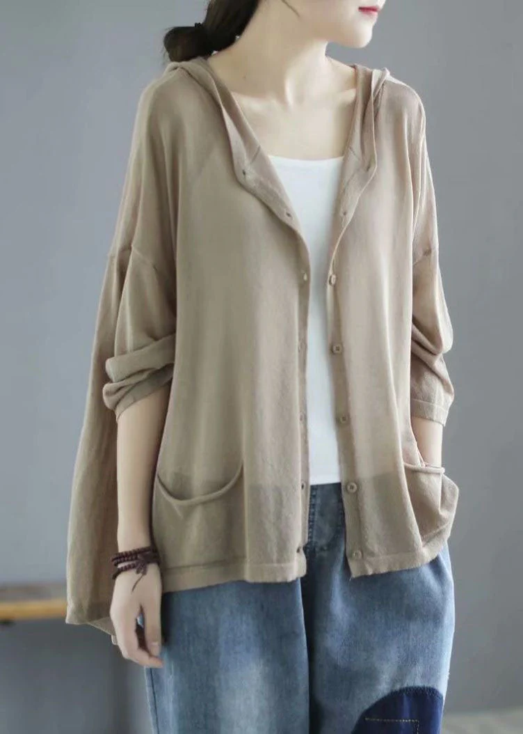 Modern Khaki Hooded Low High Design Pockets Linen Knit UPF 50+ Coat Summer - republicanstateiModern Khaki Hooded Low High Design Pockets Linen Knit UPF 50+ Coat Summer - republicanstatei