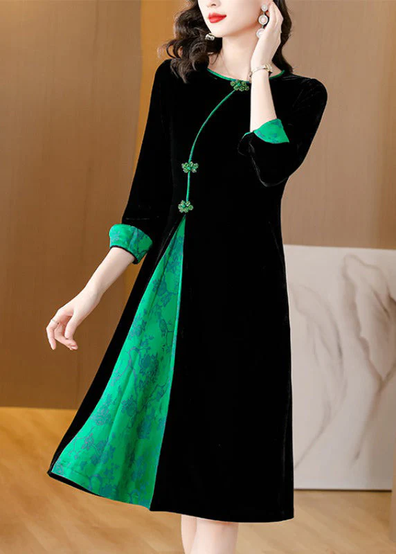 Style Black O-Neck Print Patchwork Button Silk Velour Maxi Dresses Fall - republicanstateiStyle Black O-Neck Print Patchwork Button Silk Velour Maxi Dresses Fall - republicanstatei