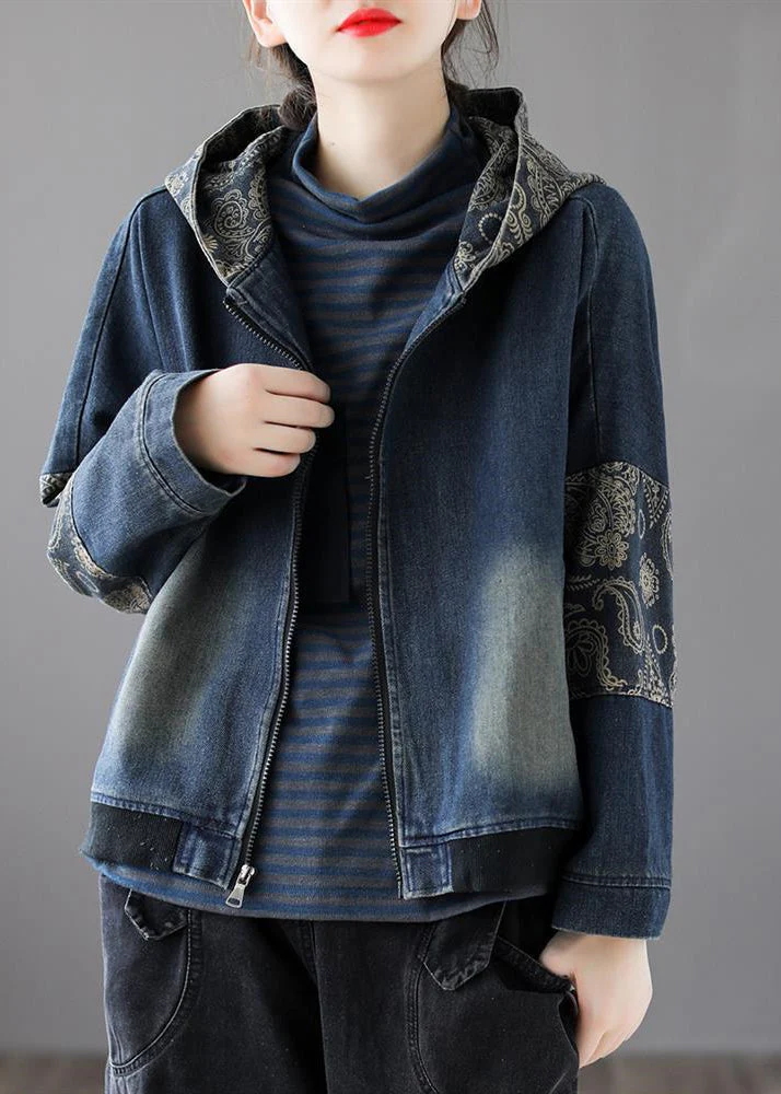 Vintage Blue V Neck Print Patchwork Zippered Cotton Denim Coat Long Sleeve - republicanstateiVintage Blue V Neck Print Patchwork Zippered Cotton Denim Coat Long Sleeve - republicanstatei