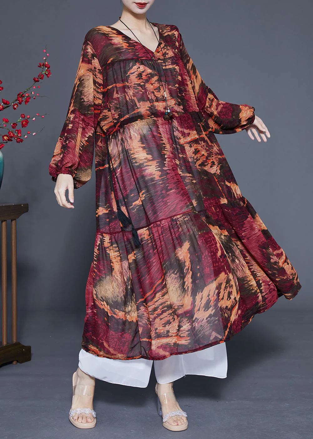 Women Dark Red V Neck Patchwork Exra Large Hem Chiffon Cinched Dresses Spring - republicanstateiWomen Dark Red V Neck Patchwork Exra Large Hem Chiffon Cinched Dresses Spring - republicanstatei