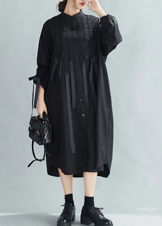 French Black Stand Collar Wrinkled Cinched Bow Cotton Shirt Dress Spring - republicanstateiFrench Black Stand Collar Wrinkled Cinched Bow Cotton Shirt Dress Spring - republicanstatei