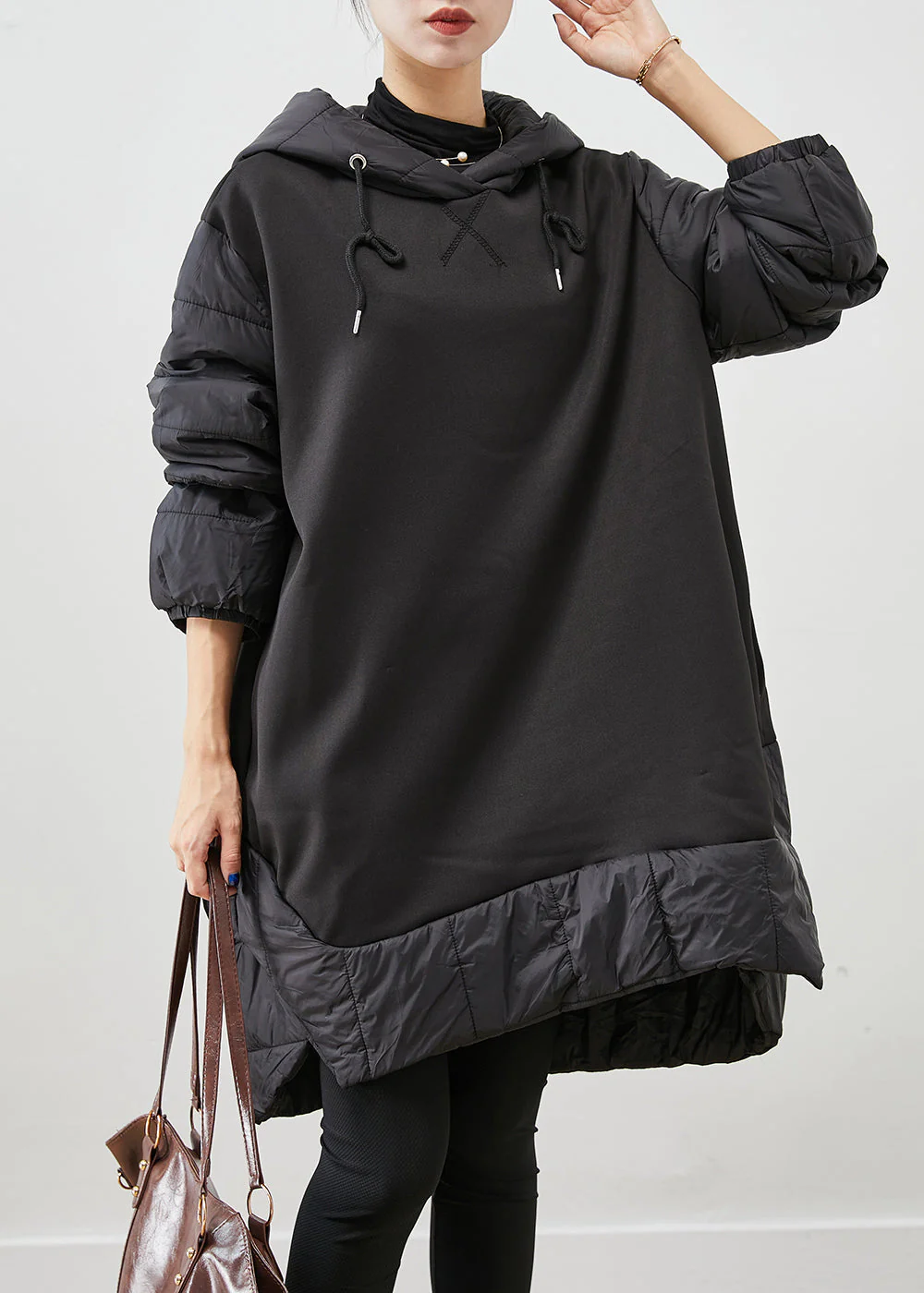 Women Black Hooded Patchwork Thick Cotton Pullover Sweatshirt Dress Fall - republicanstateiWomen Black Hooded Patchwork Thick Cotton Pullover Sweatshirt Dress Fall - republicanstatei