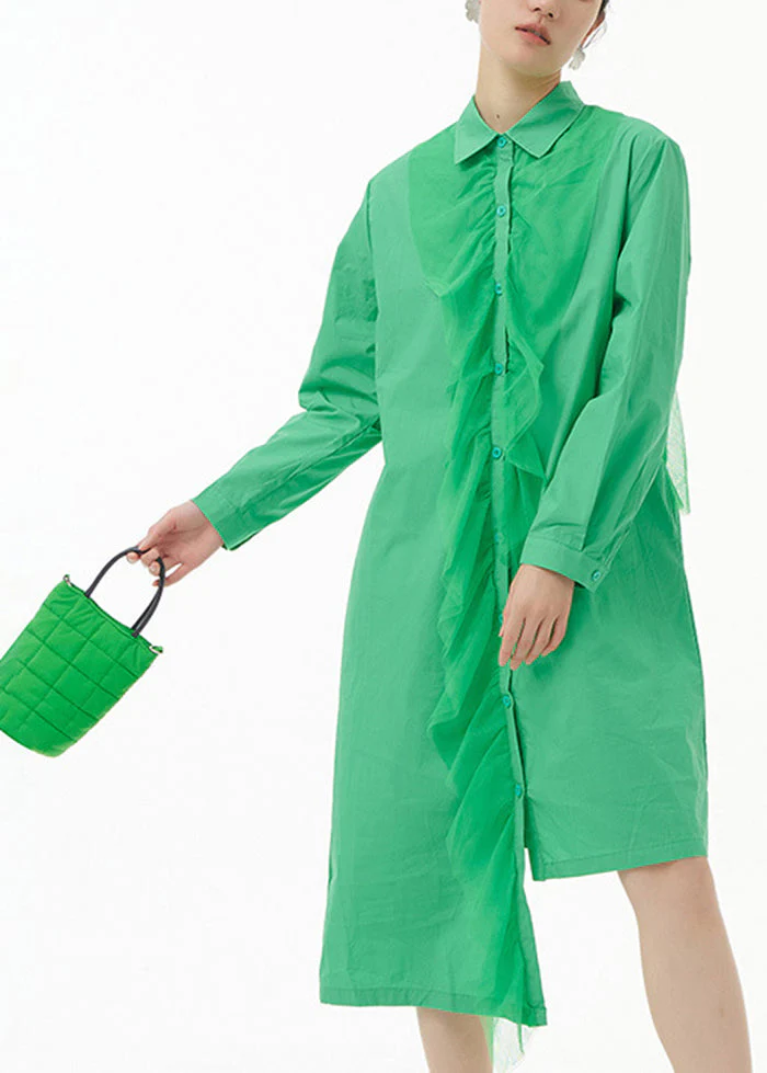 Chic Green Asymmetrical Tulle Patchwork Ruffles Cotton Shirt Dress Spring - republicanstateiChic Green Asymmetrical Tulle Patchwork Ruffles Cotton Shirt Dress Spring - republicanstatei
