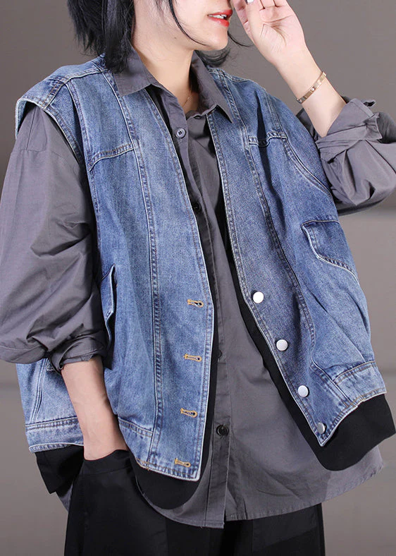 Unique Light Blue V Neck Patchwork Pockets Fake Two Pieces Denim Waistcoat Sleeveless - republicanstateiUnique Light Blue V Neck Patchwork Pockets Fake Two Pieces Denim Waistcoat Sleeveless - republicanstatei
