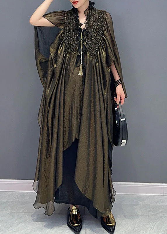 Loose Green V Neck Asymmetrical Ruffled Patchwork Wrinkled Long Dress Fall - republicanstateiLoose Green V Neck Asymmetrical Ruffled Patchwork Wrinkled Long Dress Fall - republicanstatei