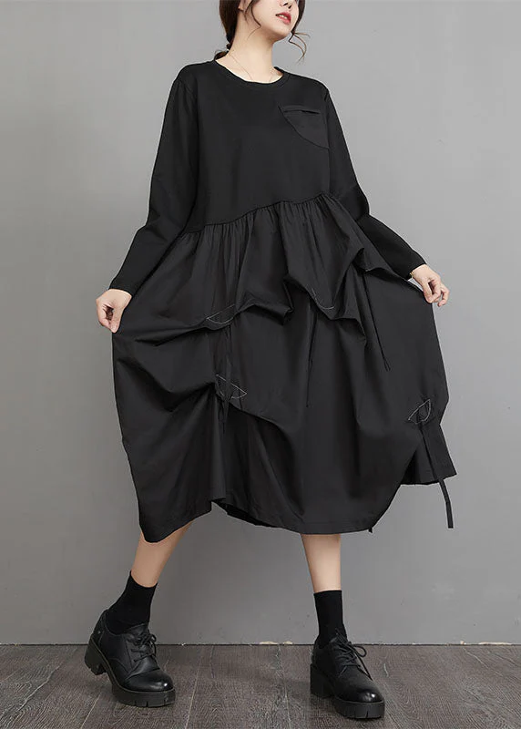 Casual Black O-Neck Wrinkled Patchwork Maxi Lantern Dresses Long Sleeve - republicanstateiCasual Black O-Neck Wrinkled Patchwork Maxi Lantern Dresses Long Sleeve - republicanstatei