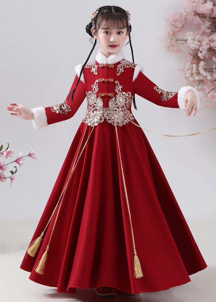 New Red Fur Collar Embroideried Button Warm Fleece Girls Maxi Dresses Winter - republicanstateiNew Red Fur Collar Embroideried Button Warm Fleece Girls Maxi Dresses Winter - republicanstatei