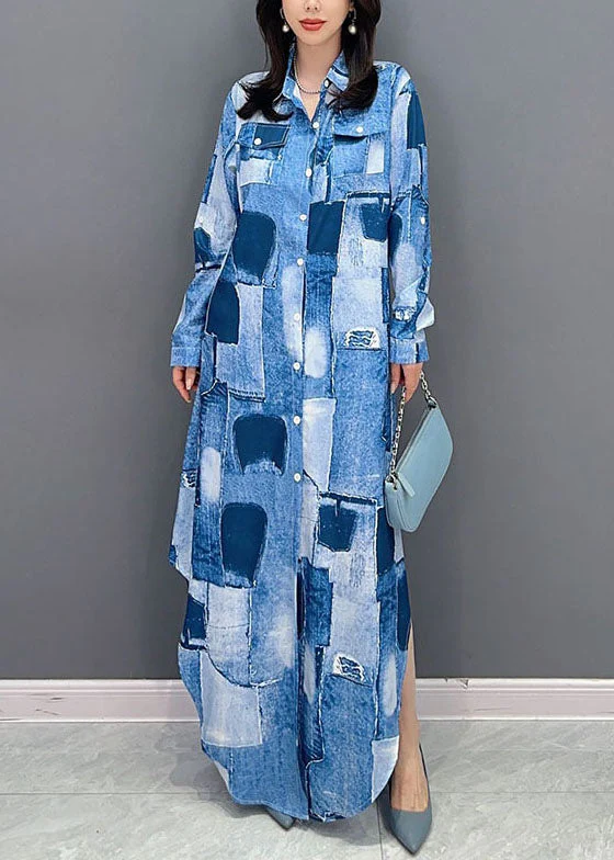 Art Blue Peter Pan Collar Patchwork Button Long Shirts Dress Long Sleeve - republicanstateiArt Blue Peter Pan Collar Patchwork Button Long Shirts Dress Long Sleeve - republicanstatei