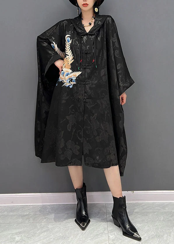 Chinese Style Black Hooded Embroideried Jacquard Cotton Trench Coat Fall - republicanstateiChinese Style Black Hooded Embroideried Jacquard Cotton Trench Coat Fall - republicanstatei