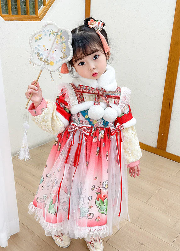 Lovely Steawberry Rabbit Print Patchwork Warm Fleece Kids Tulle Long Dress Long Sleeve - republicanstateiLovely Steawberry Rabbit Print Patchwork Warm Fleece Kids Tulle Long Dress Long Sleeve - republicanstatei