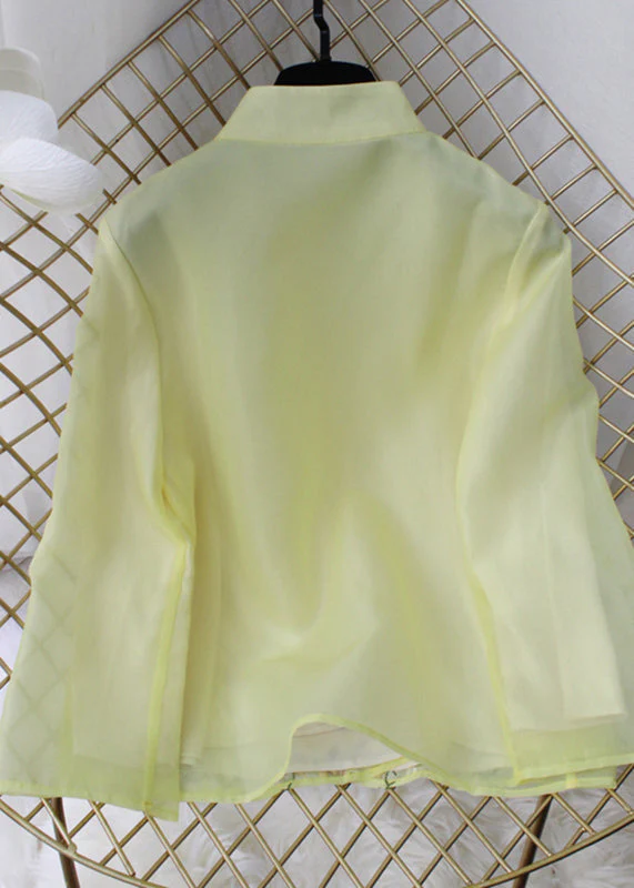 Simple Yellow Stand Collar Embroideried Floral Chiffon Coat Long Sleeve - republicanstateiSimple Yellow Stand Collar Embroideried Floral Chiffon Coat Long Sleeve - republicanstatei