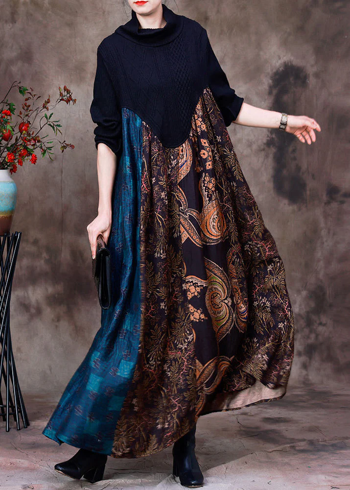 Casual Blue Patchwork Chocolate Turtleneck Print Silk Maxi Dress Long Sleeve - republicanstateiCasual Blue Patchwork Chocolate Turtleneck Print Silk Maxi Dress Long Sleeve - republicanstatei