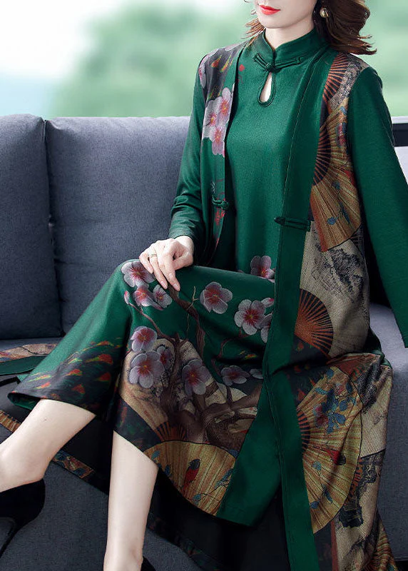 Vintage Green Print Chinese Button Silk Fake Two Piece Oriental Dresses Spring - republicanstateiVintage Green Print Chinese Button Silk Fake Two Piece Oriental Dresses Spring - republicanstatei