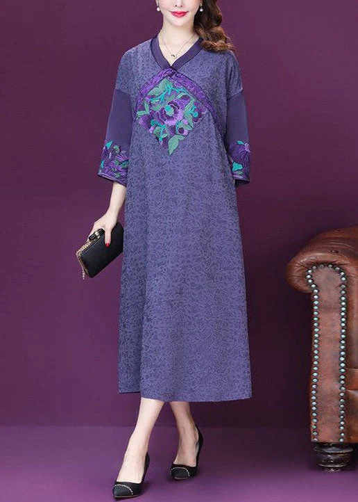 Beautiful Purple Embroideried Patchwork Silk A Line Dresses Bracelet Sleeve - republicanstateiBeautiful Purple Embroideried Patchwork Silk A Line Dresses Bracelet Sleeve - republicanstatei