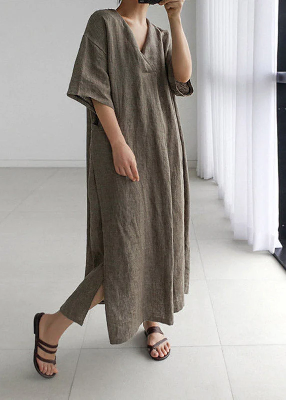 Plus Size Black Peter Pan Collar Pockets Linen Long Dresses Short Sleeve - republicanstateiPlus Size Black Peter Pan Collar Pockets Linen Long Dresses Short Sleeve - republicanstatei
