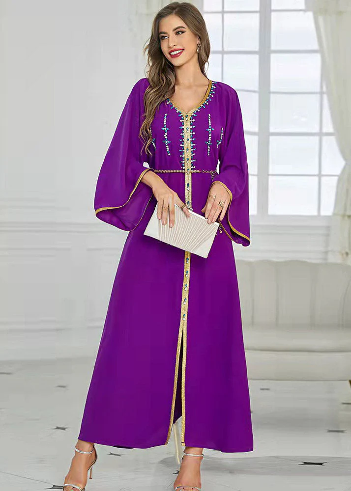 Boutique Purple V Neck Patchwork Zircon Tie Waist Button Maxi Dresses Fall - republicanstateiBoutique Purple V Neck Patchwork Zircon Tie Waist Button Maxi Dresses Fall - republicanstatei