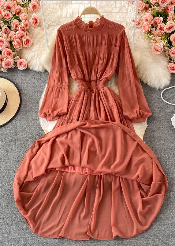 Vogue Orange Stand Collar Ruffled Tunic Chiffon Long Dresses Long Sleeve - republicanstateiVogue Orange Stand Collar Ruffled Tunic Chiffon Long Dresses Long Sleeve - republicanstatei